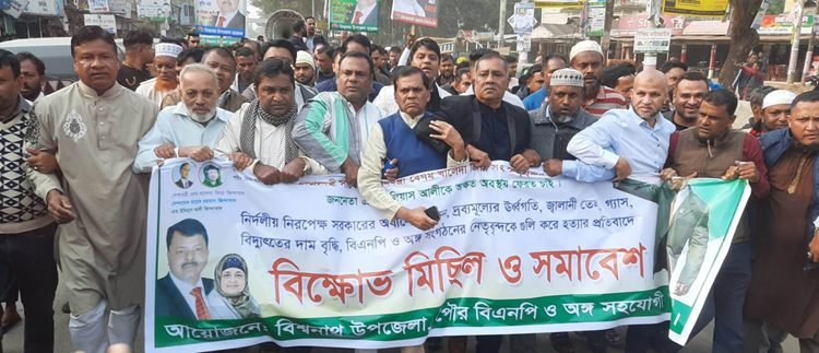 বিশ্বনাথে বিএনপি ও সহযোগি সংগঠনের বিক্ষোভ মিছিল-প্রতিবাদ সভা