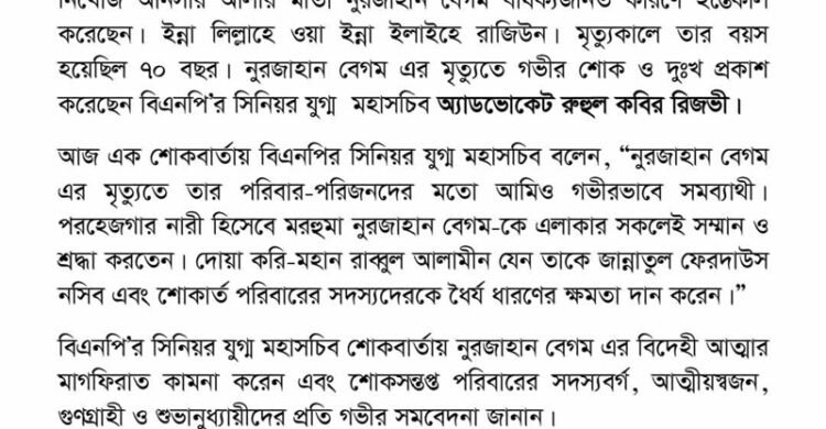 নিখোঁজ আনসার আলীর মায়ের মৃত্যুত্বে রুহুল কবির রিজভীর শোক